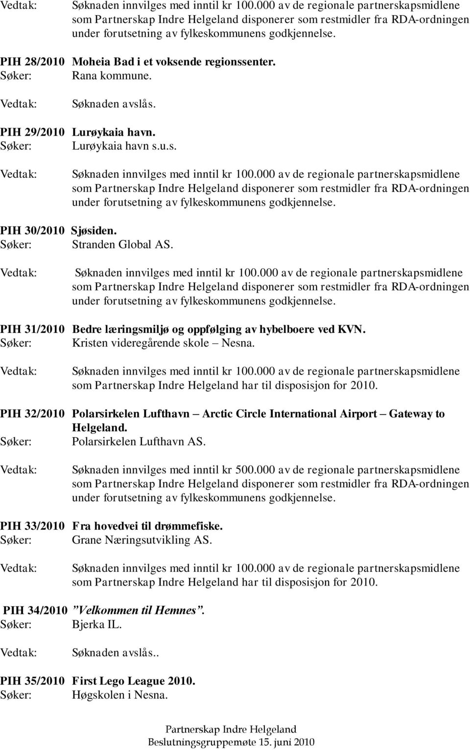 PIH 32/2010 Polarsirkelen Lufthavn Arctic Circle International Airport Gateway to Helgeland. Søker: Polarsirkelen Lufthavn AS. Søknaden innvilges med inntil kr 500.