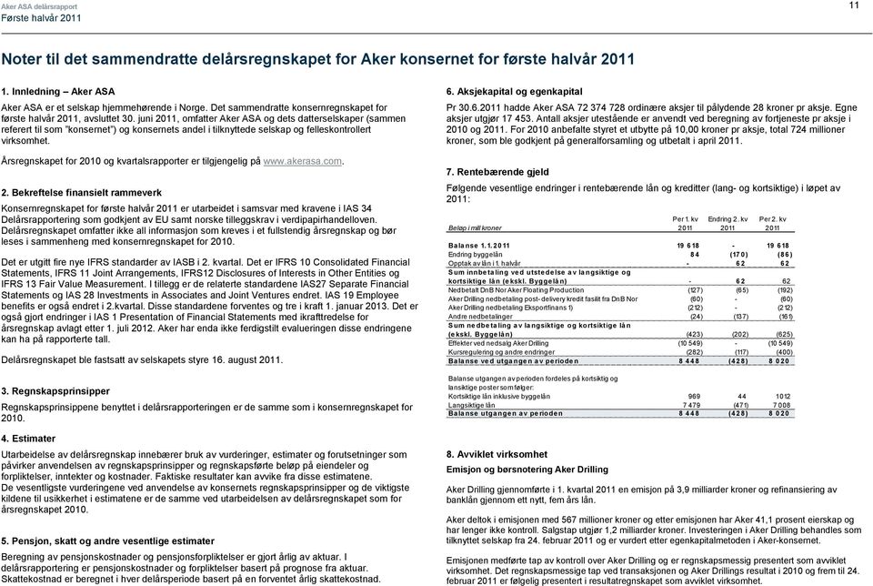 juni, omfatter Aker ASA og dets datterselskaper (sammen referert til som konsernet ) og konsernets andel i tilknyttede selskap og felleskontrollert virksomhet.