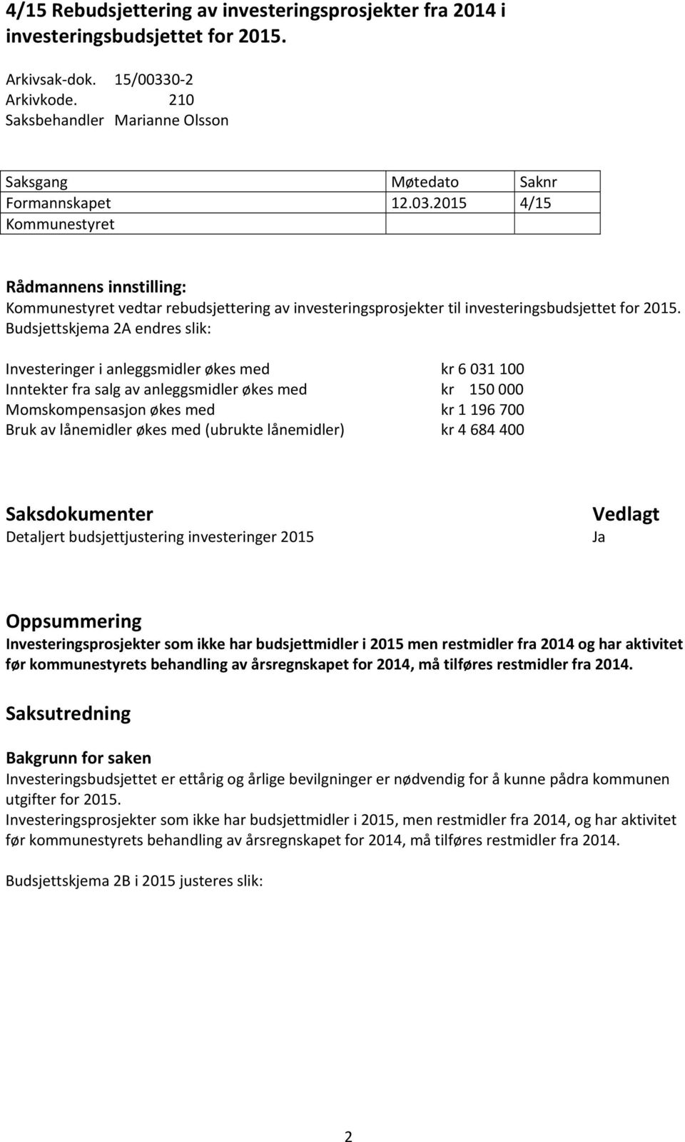 2015 4/15 Kommunestyret Rådmannens innstilling: Kommunestyret vedtar rebudsjettering av investeringsprosjekter til investeringsbudsjettet for 2015.