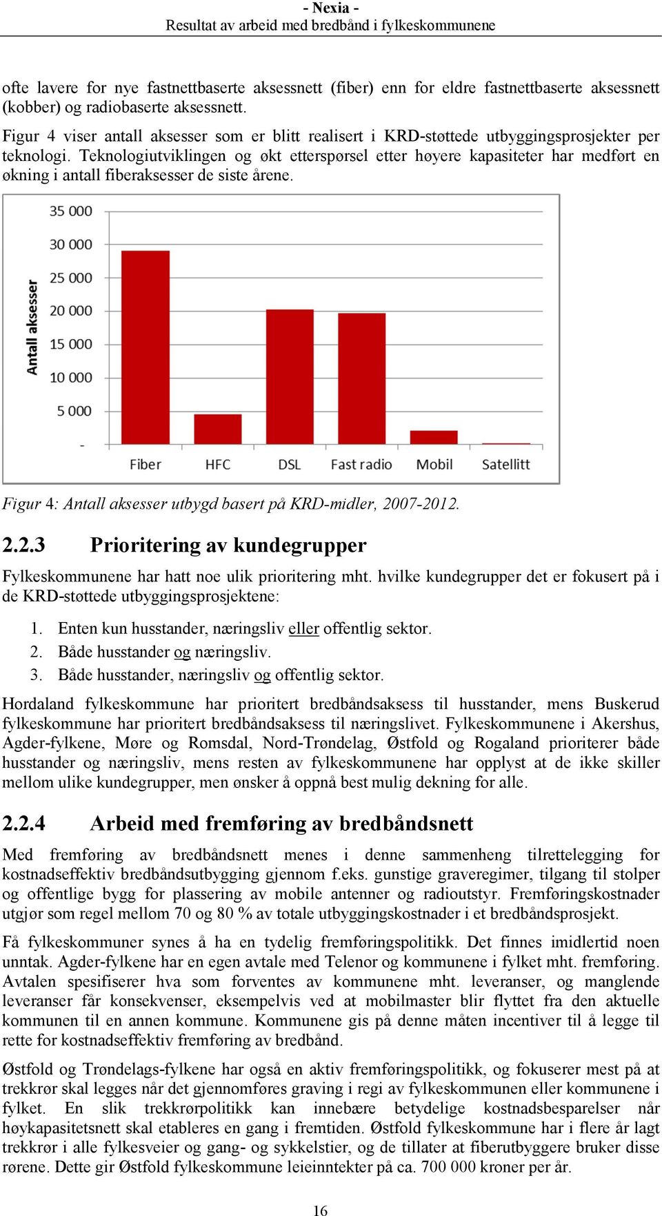 Teknologiutviklingen og økt etterspørsel etter høyere kapasiteter har medført en økning i antall fiberaksesser de siste årene. Figur 4: Antall aksesser utbygd basert på KRD-midler, 20