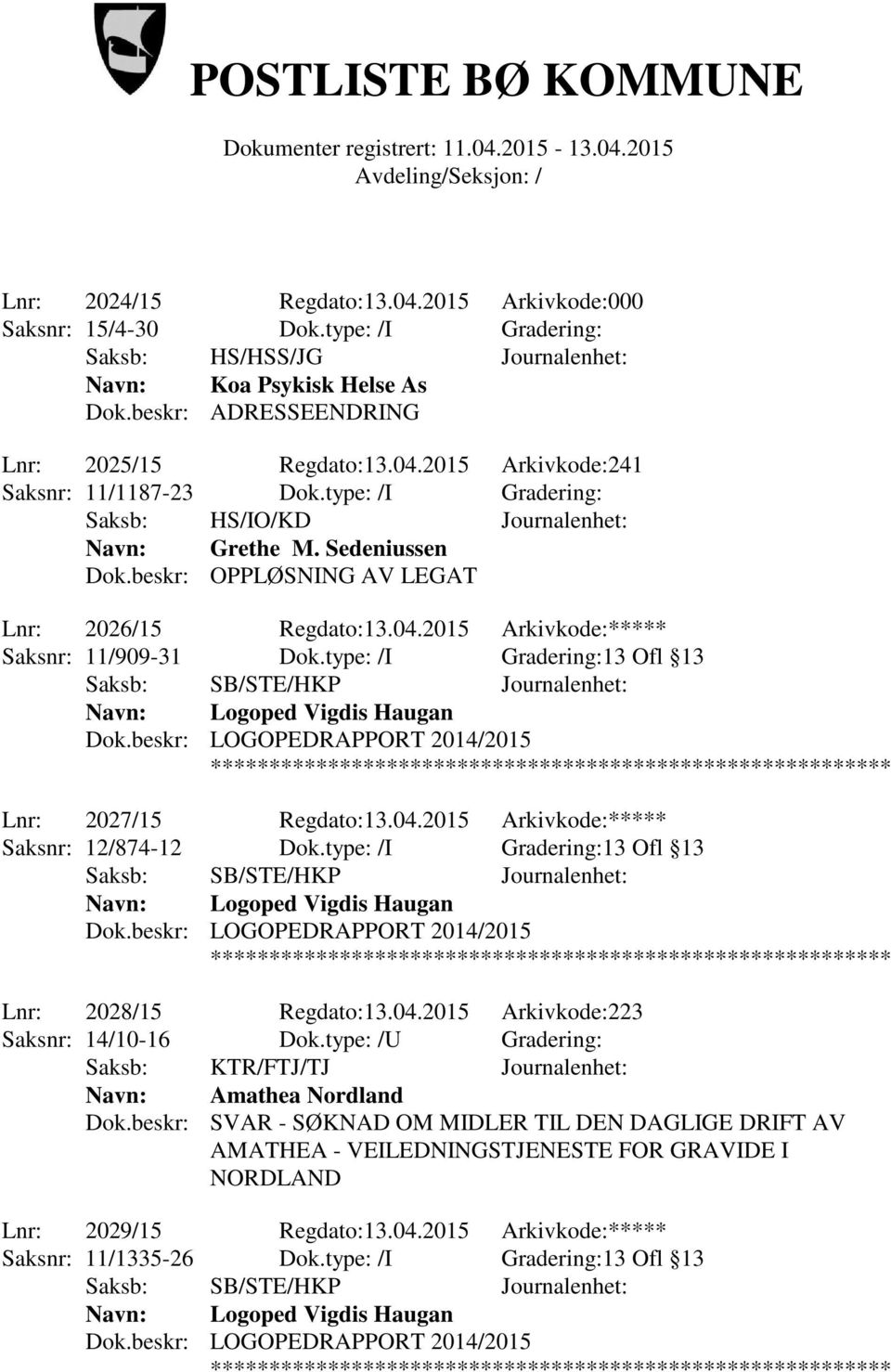 type: /I Gradering:13 Ofl 13 Lnr: 2027/15 Regdato:13.04.2015 Arkivkode:***** Saksnr: 12/874-12 Dok.type: /I Gradering:13 Ofl 13 Lnr: 2028/15 Regdato:13.04.2015 Arkivkode:223 Saksnr: 14/10-16 Dok.