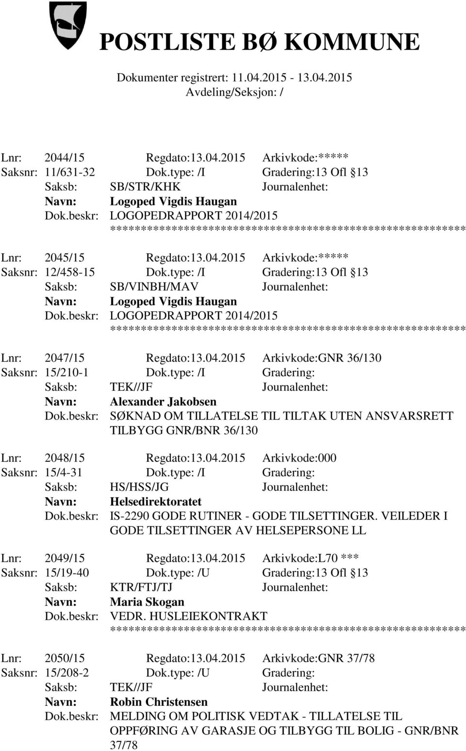 beskr: SØKNAD OM TILLATELSE TIL TILTAK UTEN ANSVARSRETT TILBYGG GNR/BNR 36/130 Lnr: 2048/15 Regdato:13.04.2015 Arkivkode:000 Saksnr: 15/4-31 Dok.