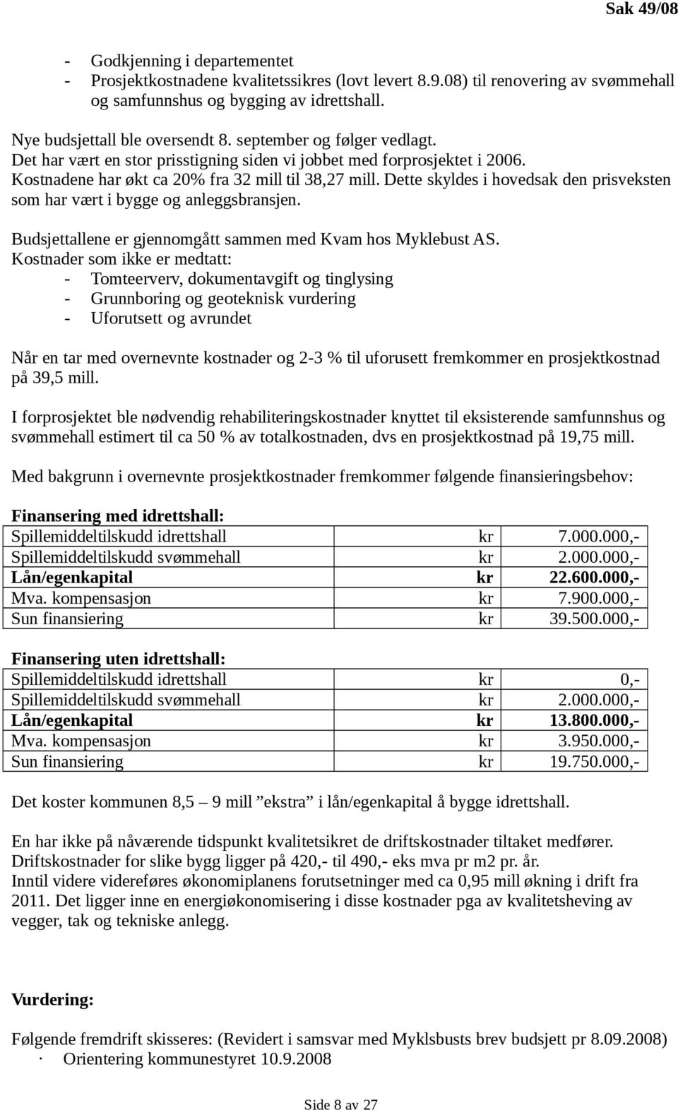 Dette skyldes i hovedsak den prisveksten som har vært i bygge og anleggsbransjen. Budsjettallene er gjennomgått sammen med Kvam hos Myklebust AS.