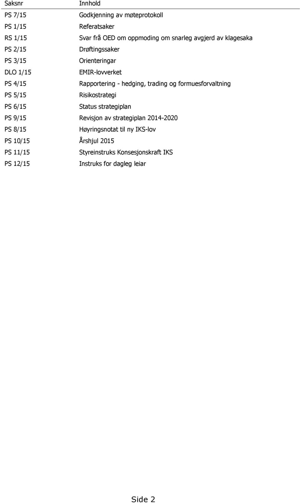 formuesforvaltning PS 5/15 Risikostrategi PS 6/15 Status strategiplan PS 9/15 Revisjon av strategiplan 2014-2020 PS 8/15