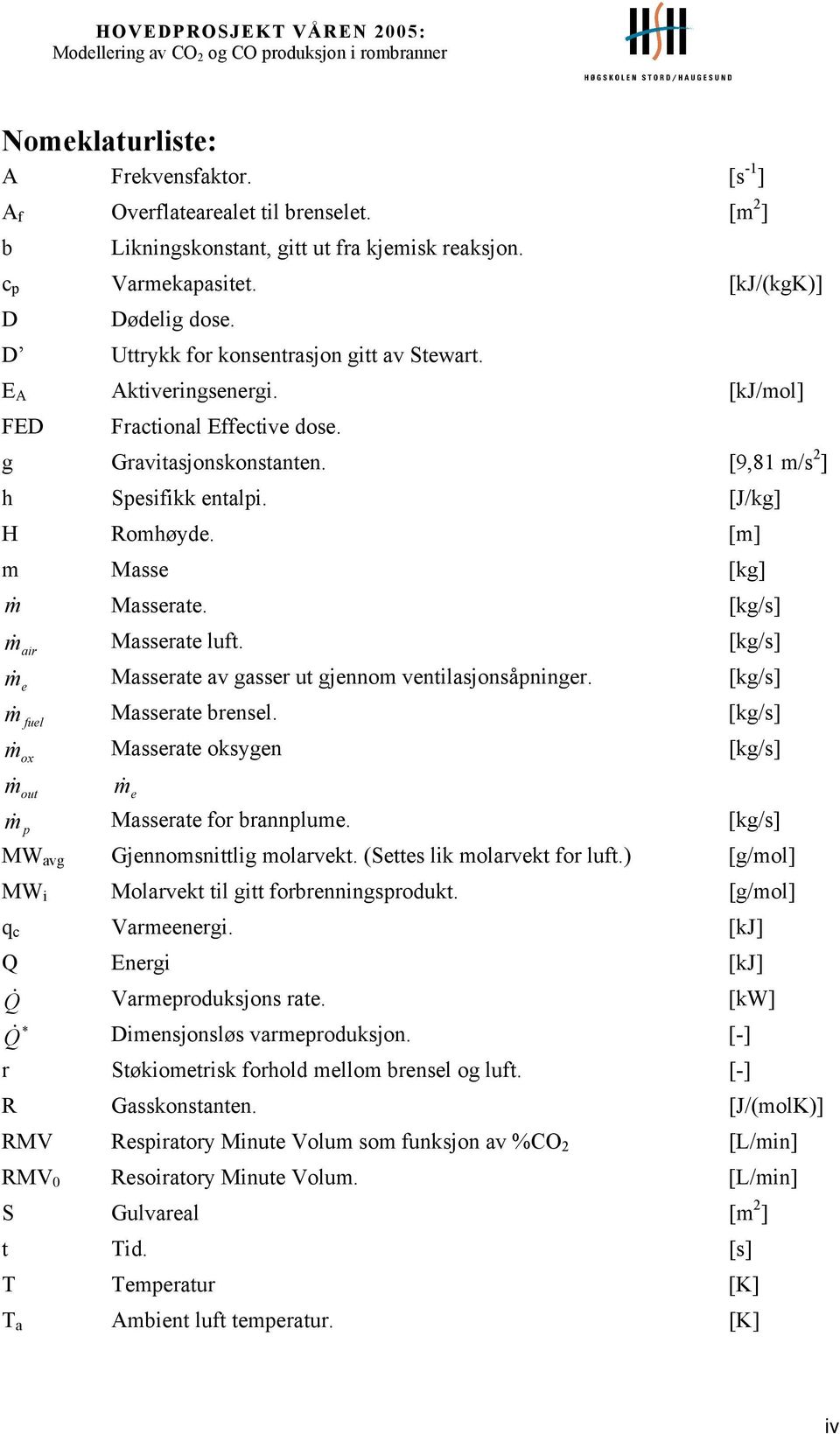 [m] m Masse [kg] Masserate. [kg/s] air Masserate luft. [kg/s] e Masserate av gasser ut gjennom ventilasjonsåpninger. [kg/s] fuel Masserate brensel.