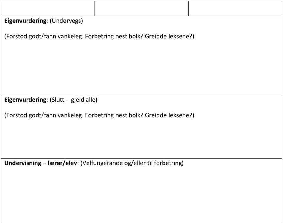 ) Eigenvurdering: (Slutt - gjeld alle) (Forstod godt/fann vankeleg.