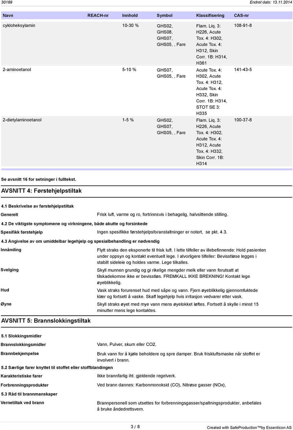 1B: H314, STOT SE 3: H335 Flam. Liq. 3: H226, Acute Tox. 4: H302, Acute Tox. 4: H312, Acute Tox. 4: H332, Skin Corr. 1B: H314 108-91-8 141-43-5 100-37-8 Se avsnitt 16 for setninger i fulltekst.