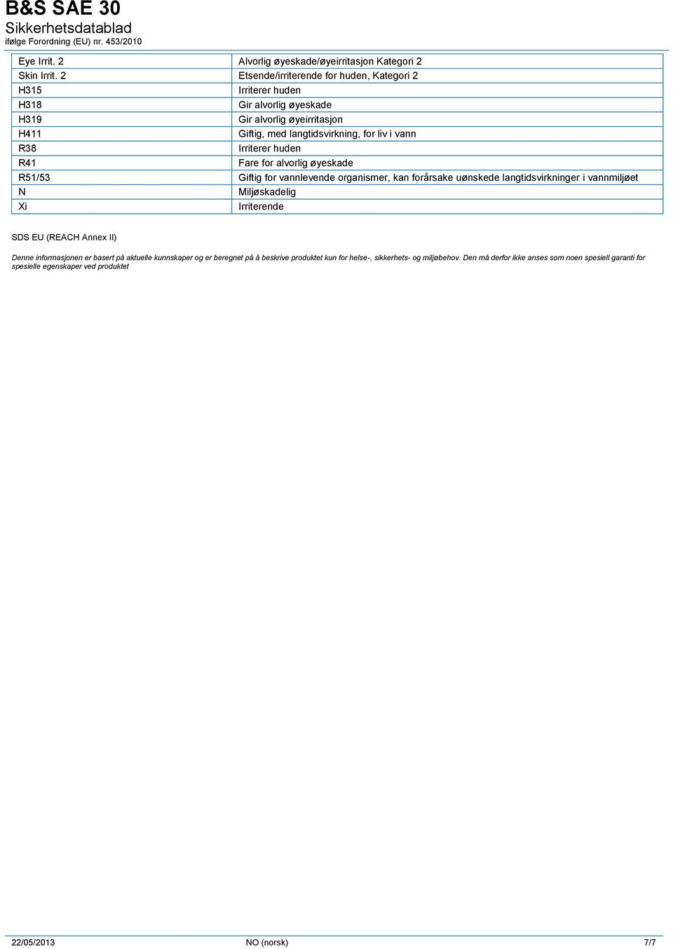 liv i vann Irriterer huden Fare for alvorlig øyeskade R51/53 Giftig for vannlevende organismer, kan forårsake uønskede langtidsvirkninger i vannmiljøet N Miljøskadelig Xi