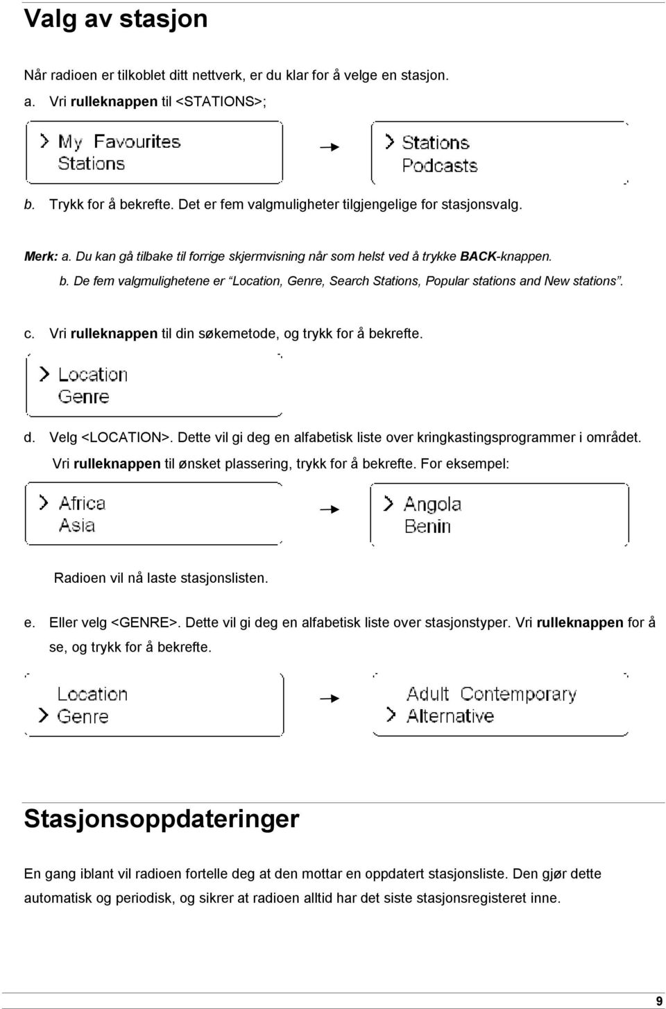 De fem valgmulighetene er Location, Genre, Search Stations, Popular stations and New stations. c. Vri rulleknappen til din søkemetode, og trykk for å bekrefte. d. Velg <LOCATION>.