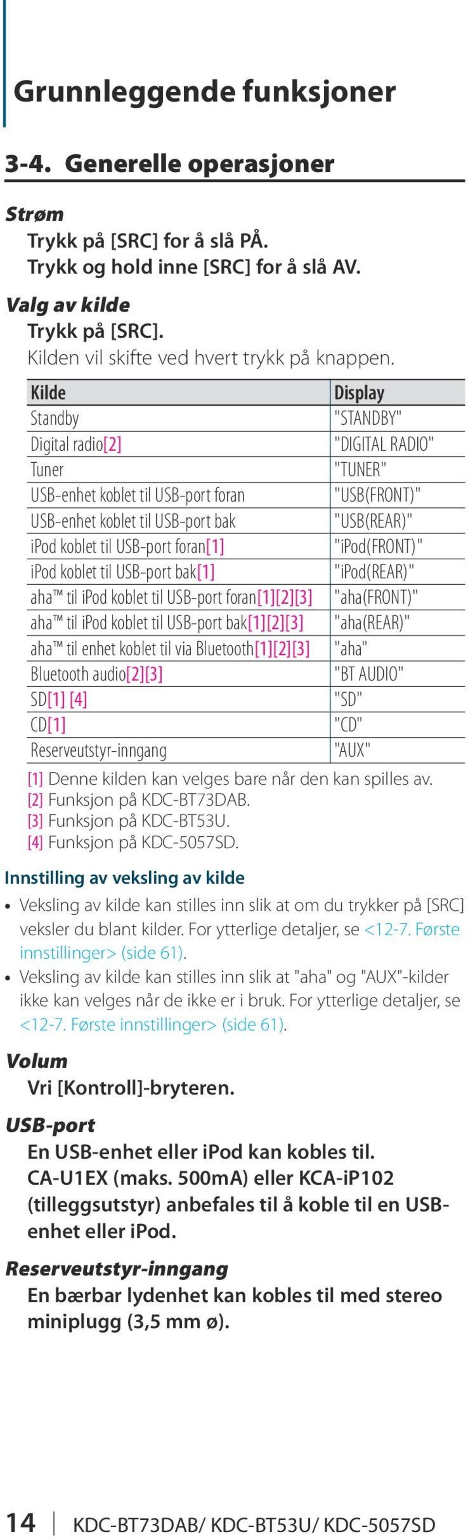 Kilde Display Standby "STANDBY" Digital radio[2] "DIGITAL RADIO" Tuner "TUNER" USB-enhet koblet til USB-port foran "USB(FRONT)" USB-enhet koblet til USB-port bak "USB(REAR)" ipod koblet til USB-port