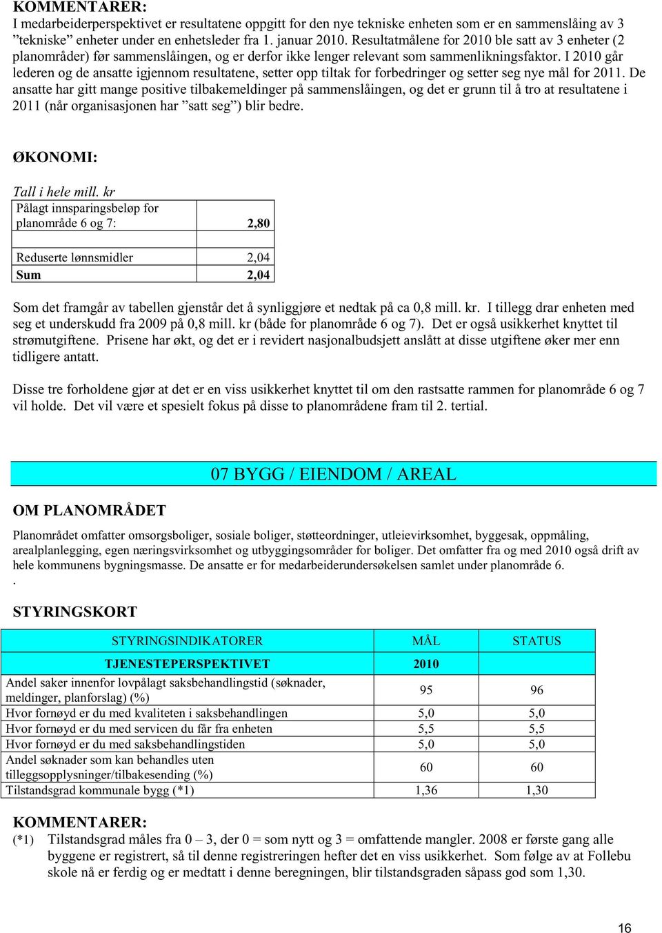 I 2010 går lederen og de ansatte igjennom resultatene, setter opp tiltak for forbedringer og setter seg nye mål for 2011.