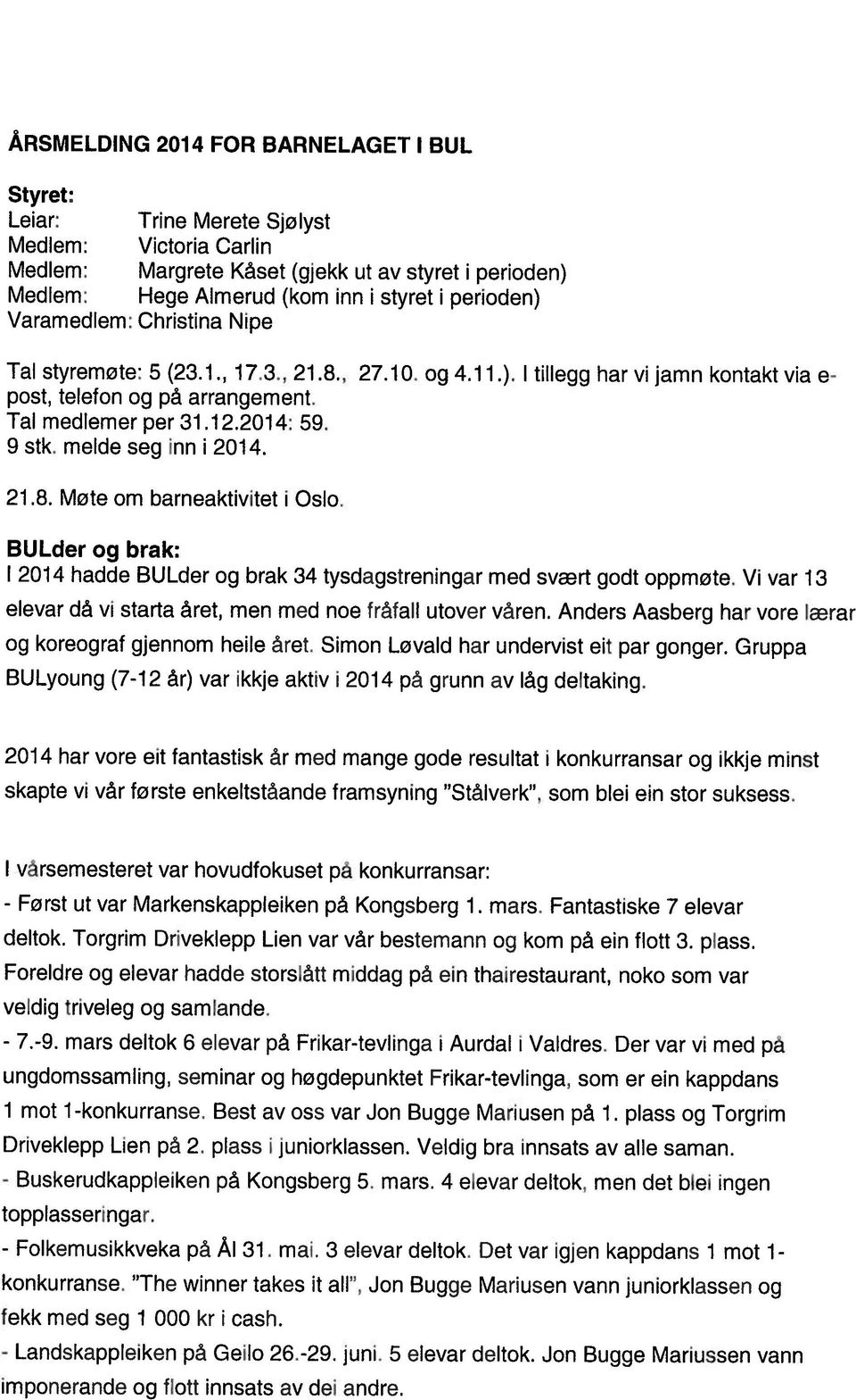 topplasseringar. imponerande og flott innsats av dei andre. 9 stk. melde seg inn i 2014. 21.8. Møte om barneaktivitet i Oslo. I 2014 hadde BULder og brak 34 tysdagstreningar med svært godt oppmote.