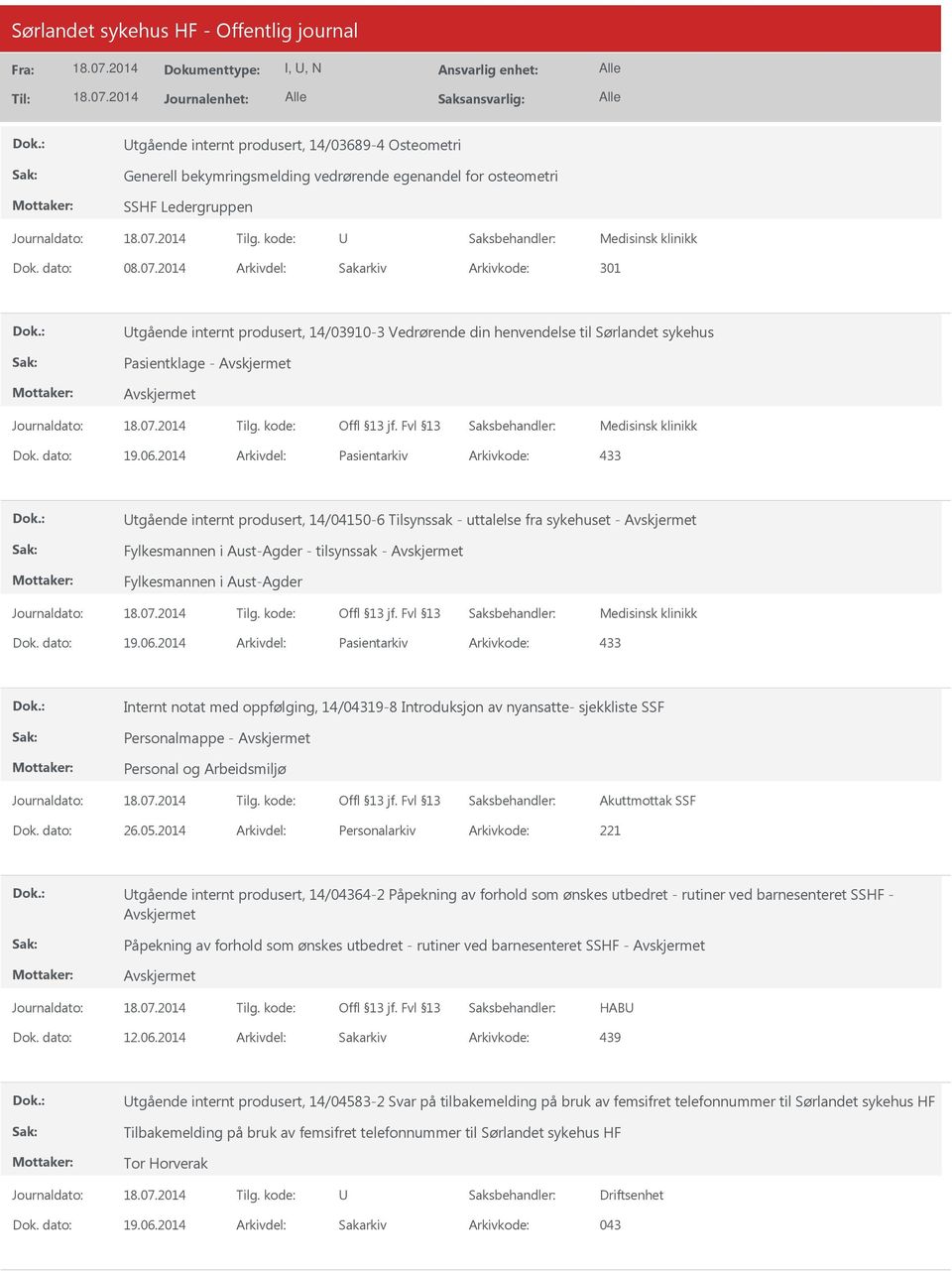 2014 Arkivdel: Pasientarkiv Arkivkode: 433 tgående internt produsert, 14/04150-6 Tilsynssak - uttalelse fra sykehuset - Fylkesmannen i Aust-Agder - tilsynssak - Fylkesmannen i Aust-Agder Dok.