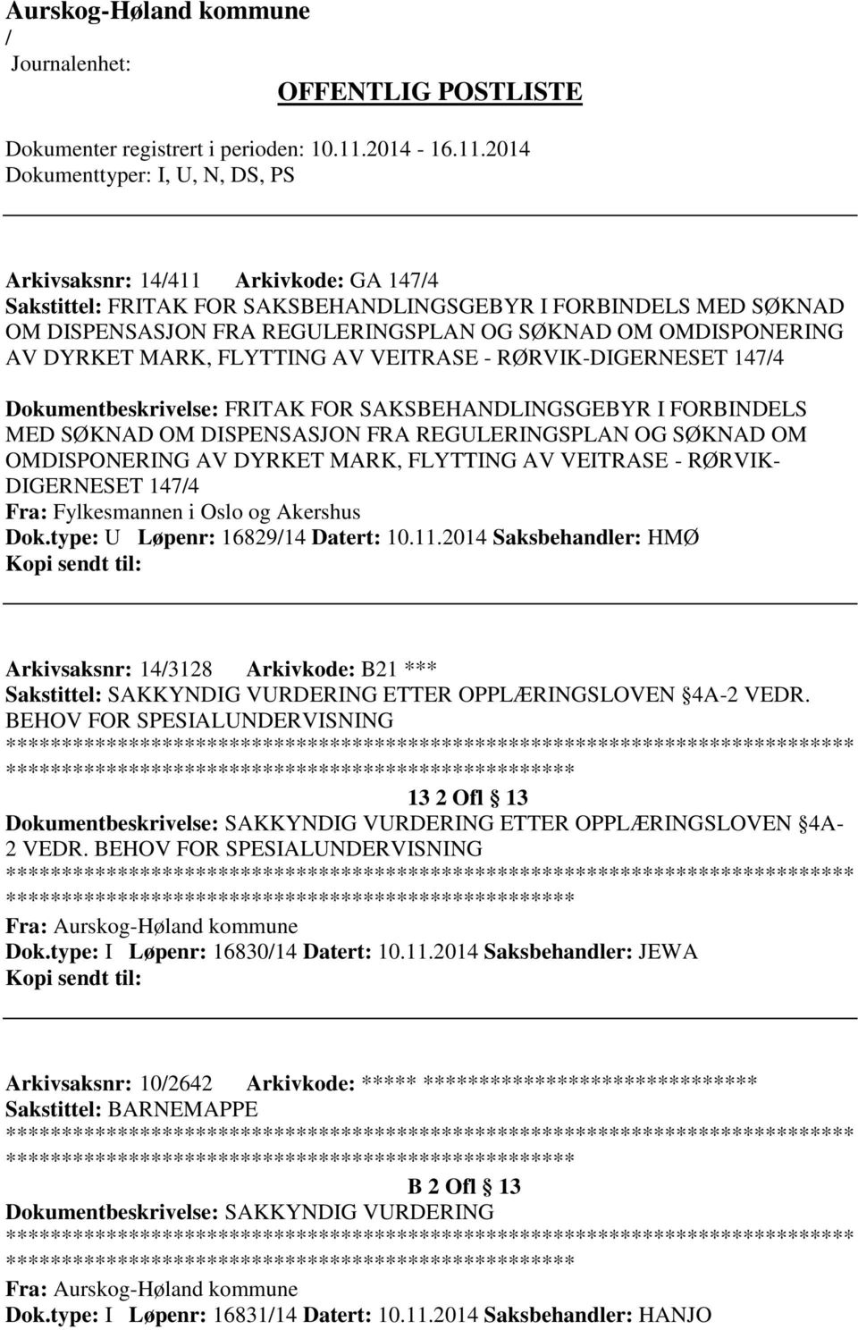 AV VEITRASE - RØRVIK- DIGERNESET 1474 Fra: Fylkesmannen i Oslo og Akershus Dok.type: U Løpenr: 1682914 Datert: 10.11.