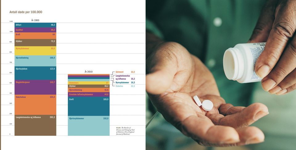 Mageinfeksjoner 142,7 År 21 Selvmord 12,2 Alzheimers 27 Ulykker 38,2 Lungebetennelse og influensa 16,2 Nyresykdommer 16,3