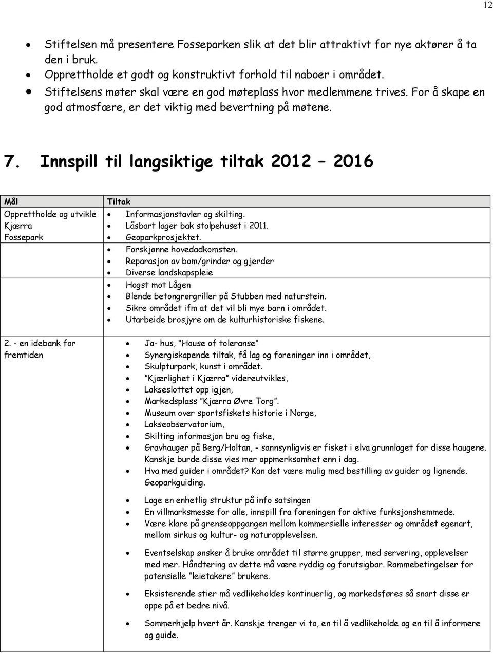 Innspill til langsiktige tiltak 2012 2016 Mål Opprettholde og utvikle Kjærra Fossepark Tiltak Informasjonstavler og skilting. Låsbart lager bak stolpehuset i 2011. Geoparkprosjektet.