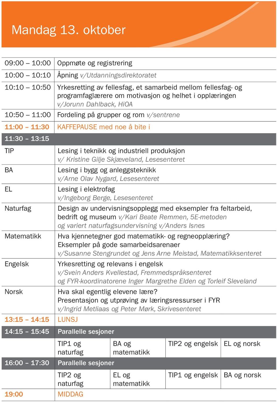 helhet i opplæringen v/jorunn Dahlback, HiOA 10:50 11:00 Fordeling på grupper og rom v/sentrene 11:00 11:30 KAFFEPAUSE med noe å bite i 11:30 13:15 TIP Lesing i teknikk og industriell produksjon v/