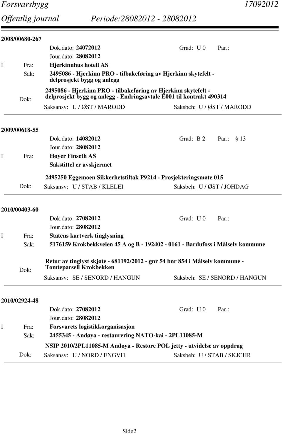 delprosjekt bygg og anlegg - Endringsavtale E001 til kontrakt 490314 Saksansv: U / ØST / MARODD Saksbeh: U / ØST / MARODD 2009/00618-55 Dok.dato: 14082012 Grad: B 2 Par.