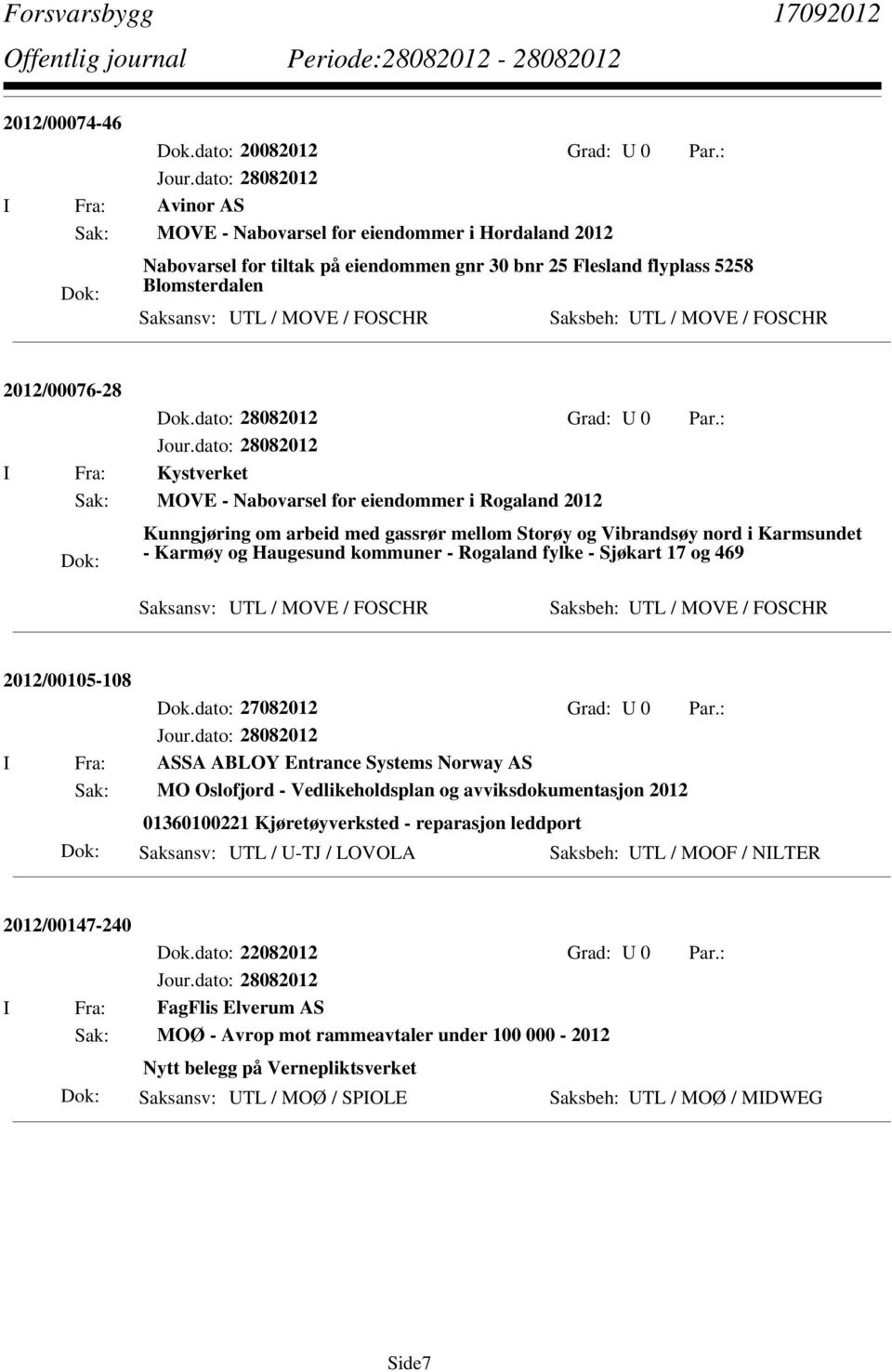 UTL / MOVE / FOSCHR 2012/00076-28 Dok.dato: 28082012 Grad: U 0 Par.