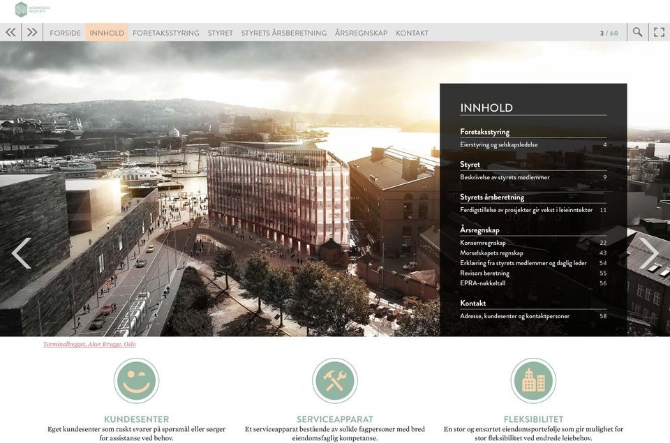 55 EPRA-nøkkeltall 56 Kontakt Adresse, kundesenter og kontaktpersoner 58 Terminalbygget, Aker Brygge, Oslo KUNDESENTER Eget kundesenter som raskt svarer på spørsmål eller sørger for assistanse ved