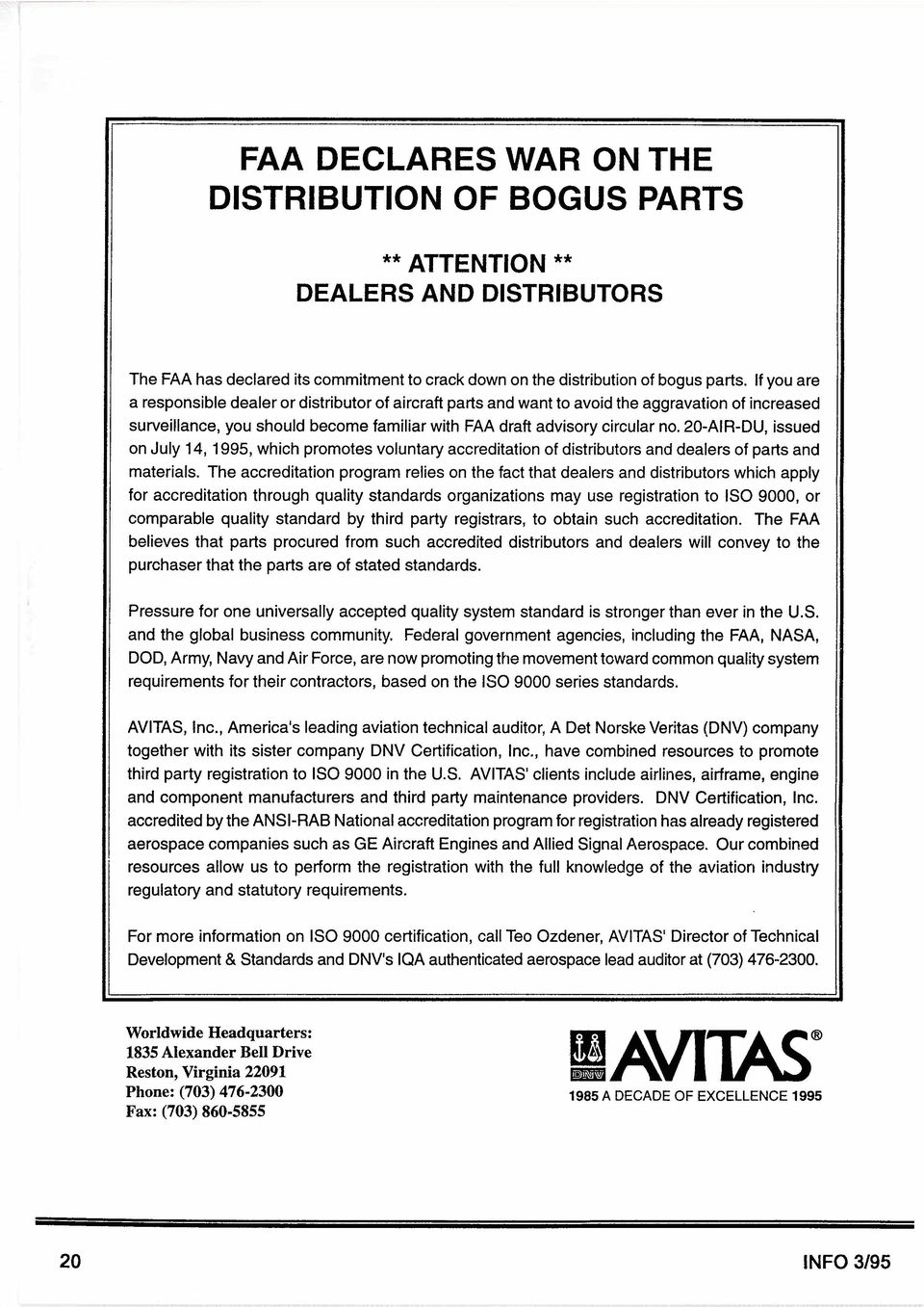 20-AIR-DU, issued on July 14, 1995, which promotes voluntary accreditation of distributors and dealers of parts and materials.