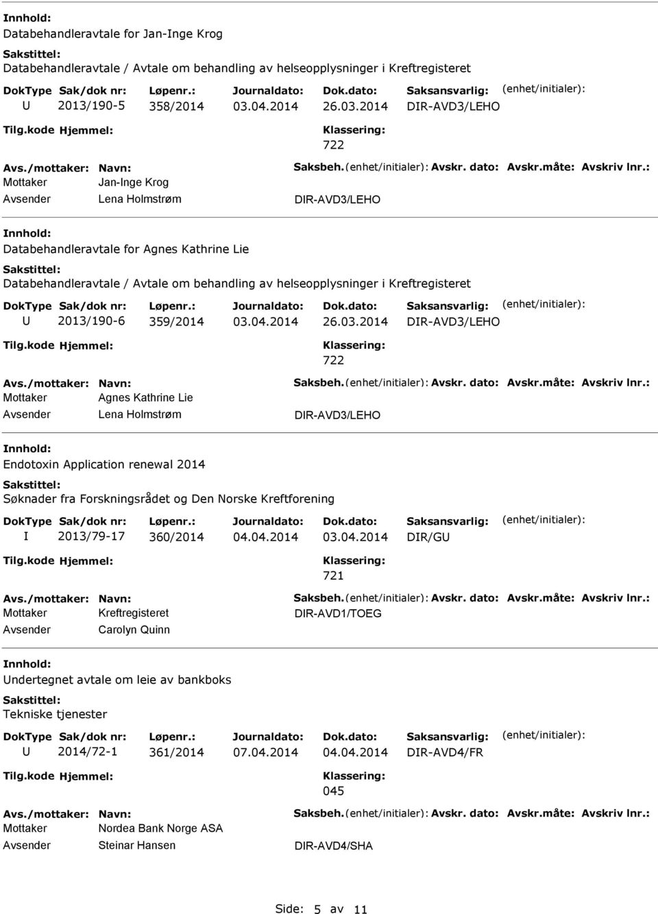 : Mottaker Jan-nge Krog Lena Holmstrøm DR-AVD3/LEHO Databehandleravtale for Agnes Kathrine Lie Databehandleravtale / Avtale om behandling av helseopplysninger i Kreftregisteret 2013/190-6 359/2014 26.