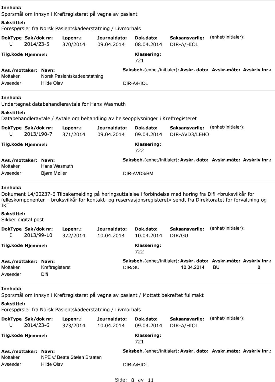 : Mottaker Norsk Pasientskadeerstatning Hilde Olav DR-A/HOL ndertegnet databehandleravtale for Hans Wasmuth Databehandleravtale / Avtale om behandling av helseopplysninger i Kreftregisteret