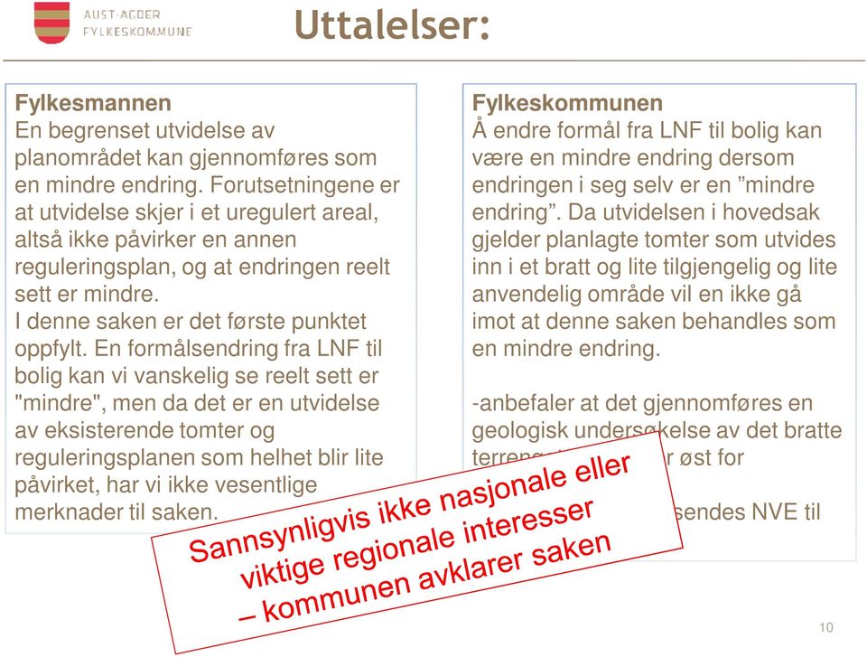 En formålsendring fra LNF til bolig kan vi vanskelig se reelt sett er "mindre", men da det er en utvidelse av eksisterende tomter og reguleringsplanen som helhet blir lite påvirket, har vi ikke