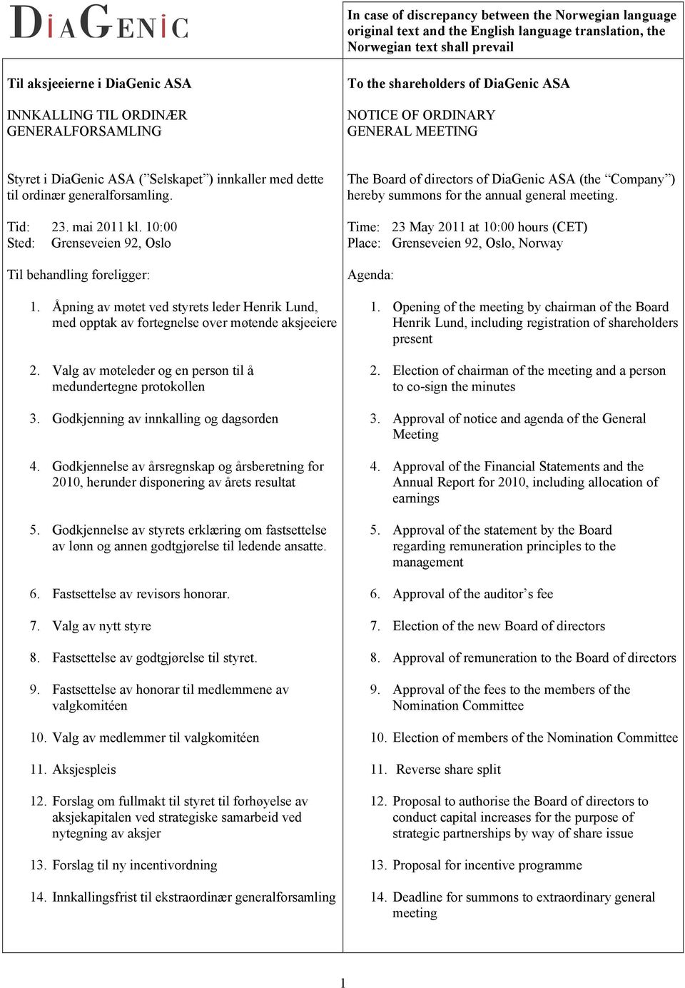 10:00 Sted: Grenseveien 92, Oslo Til behandling foreligger: 1. Åpning av møtet ved styrets leder Henrik Lund, med opptak av fortegnelse over møtende aksjeeiere 2.