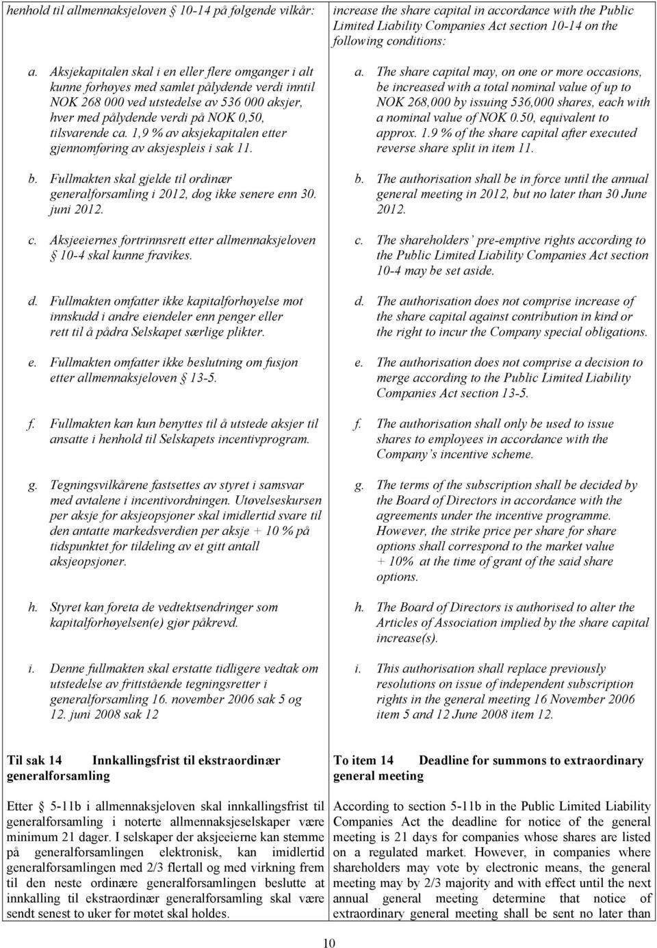 1,9 % av aksjekapitalen etter gjennomføring av aksjespleis i sak 11. b. Fullmakten skal gjelde til ordinær generalforsamling i 2012, dog ikke senere enn 30. juni 2012. c.