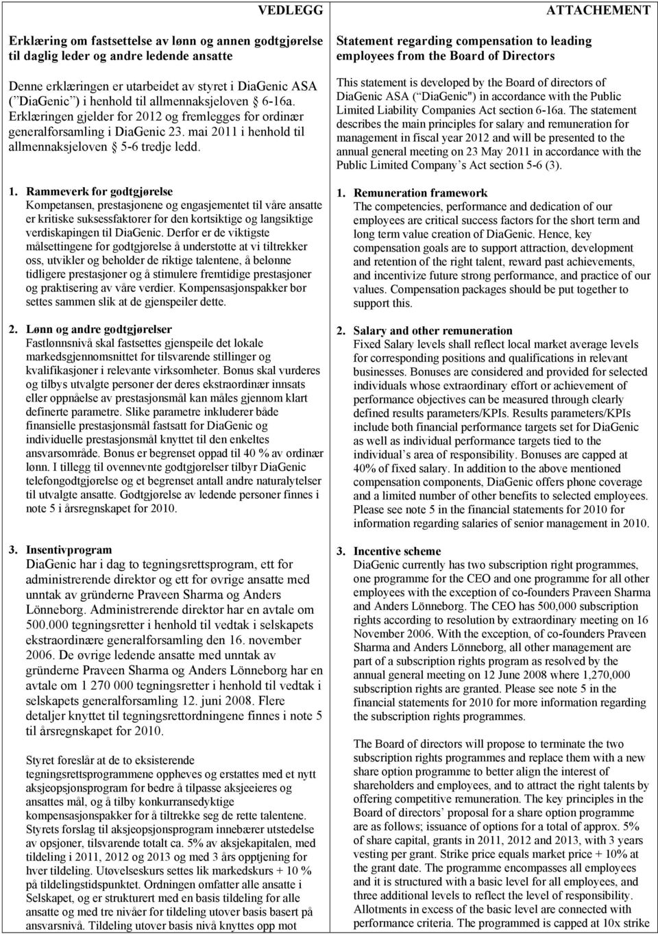 Rammeverk for godtgjørelse Kompetansen, prestasjonene og engasjementet til våre ansatte er kritiske suksessfaktorer for den kortsiktige og langsiktige verdiskapingen til DiaGenic.