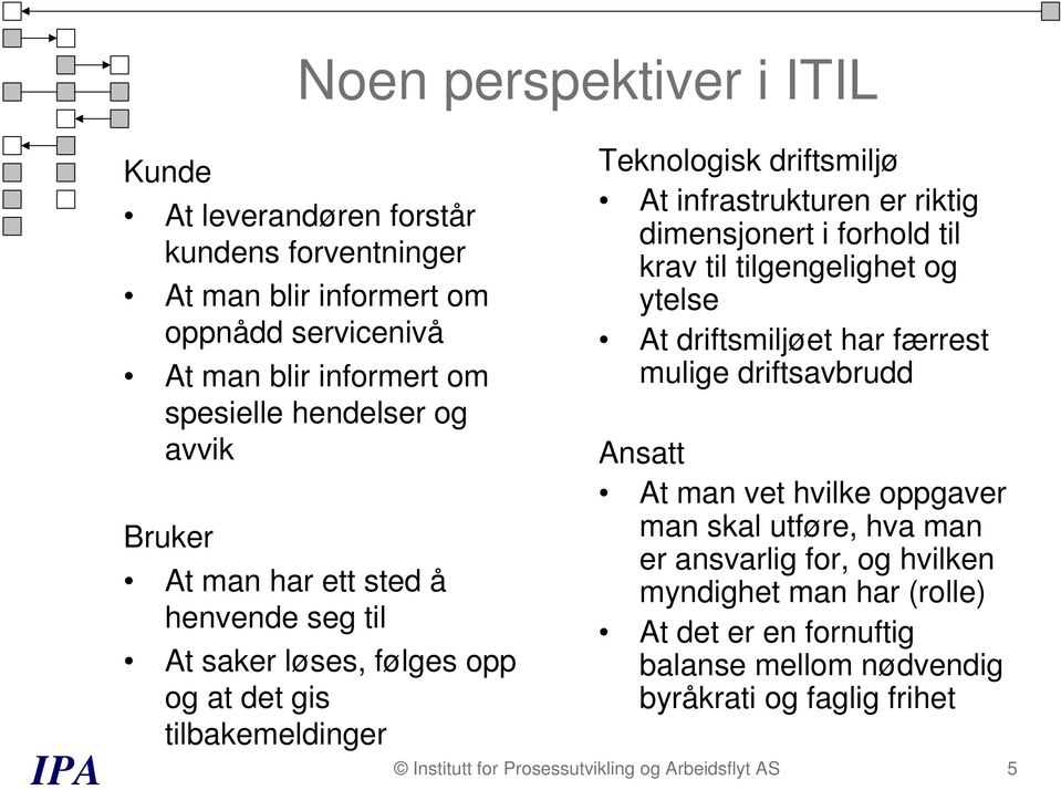 dimensjonert i forhold til krav til tilgengelighet og ytelse At driftsmiljøet har færrest mulige driftsavbrudd Ansatt At man vet hvilke oppgaver man skal utføre, hva man