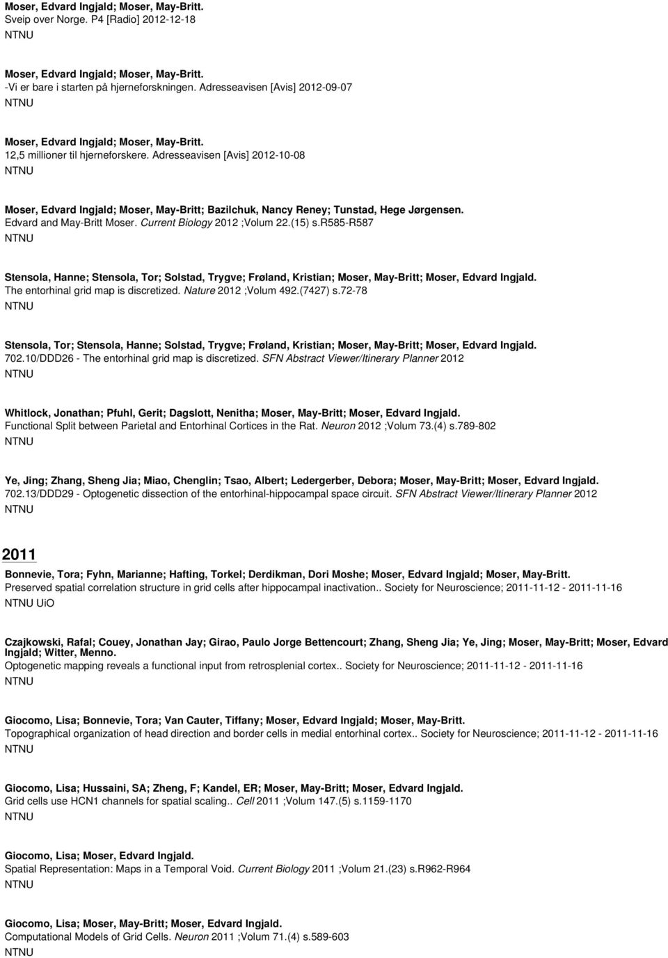 r585-r587 Stensola, Hanne; Stensola, Tor; Solstad, Trygve; Frøland, Kristian; Moser, May-Britt; The entorhinal grid map is discretized. Nature 2012 ;Volum 492.(7427) s.