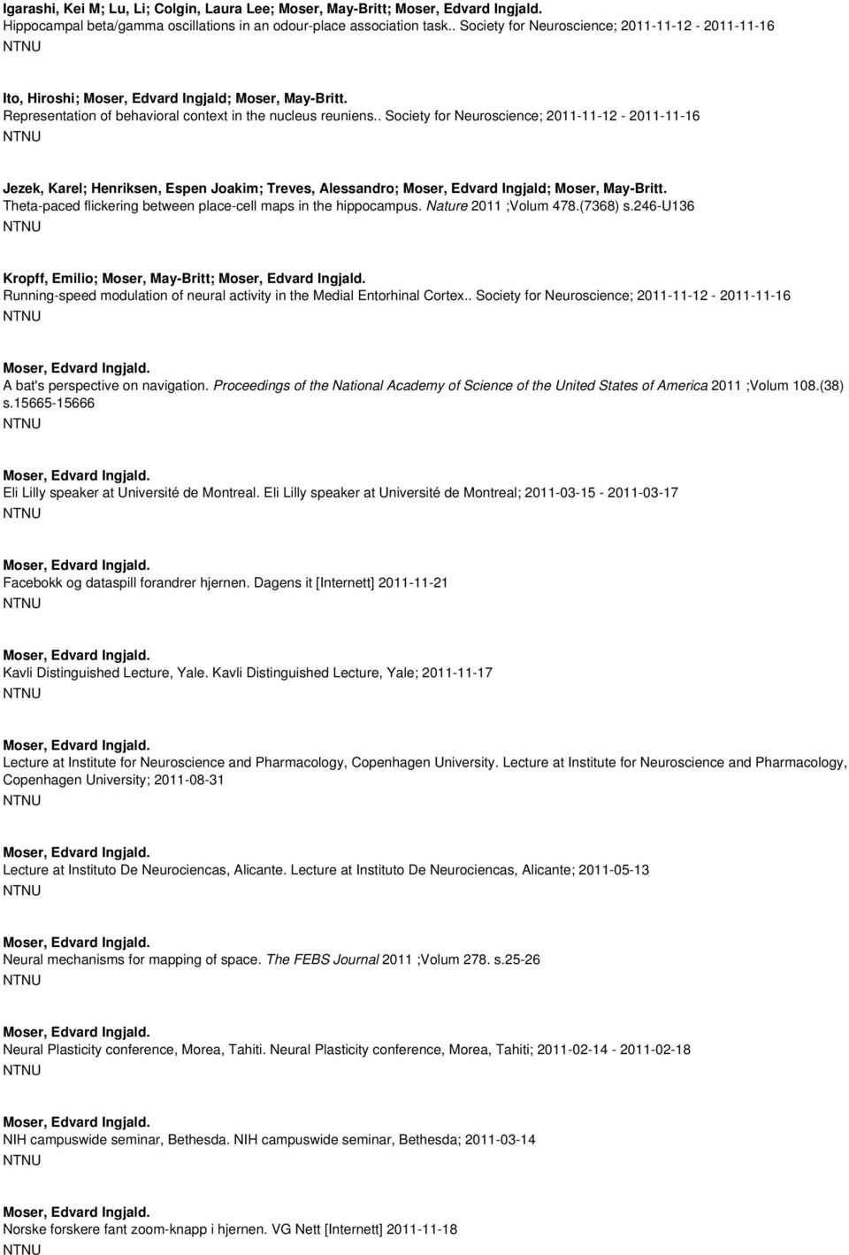 . Society for Neuroscience; 2011-11-12-2011-11-16 Jezek, Karel; Henriksen, Espen Joakim; Treves, Alessandro; Theta-paced flickering between place-cell maps in the hippocampus. Nature 2011 ;Volum 478.