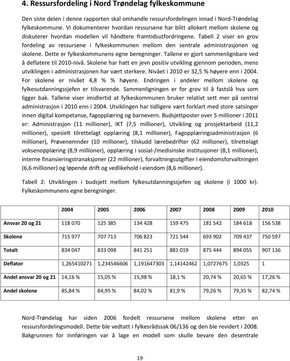 Tabell 2 viser en grov fordeling av ressursene i fylkeskommunen mellom den sentrale administrasjonen og skolene. Dette er fylkeskommunens egne beregninger.