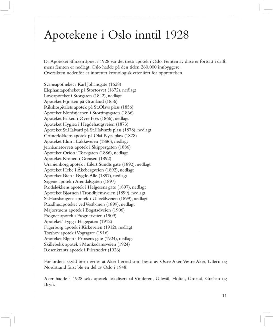 Svaneapotheket i Karl Johansgate (1628) Elephantapotheket på Stortorvet (1672), nedlagt Løveapoteket i Storgaten (1842), nedlagt Apoteket Hjorten på Grønland (1856) Rikshospitalets apotek på St.