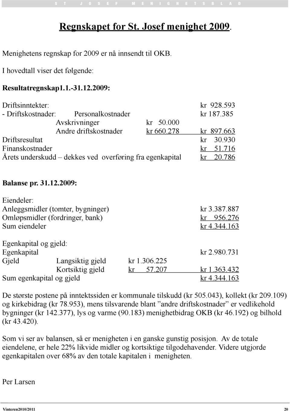 716 Årets underskudd dekkes ved overføring fra egenkapital kr 20.786 Balanse pr. 31.12.2009: Eiendeler: Anleggsmidler (tomter, bygninger) kr 3.387.887 Omløpsmidler (fordringer, bank) kr 956.