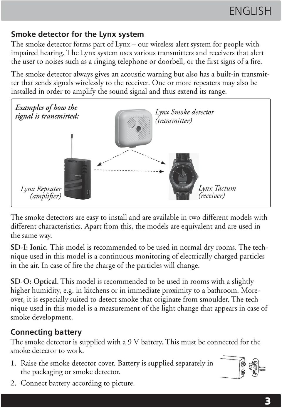 The smoke detector always gives an acoustic warning but also has a built-in transmitter that sends signals wirelessly to the receiver.