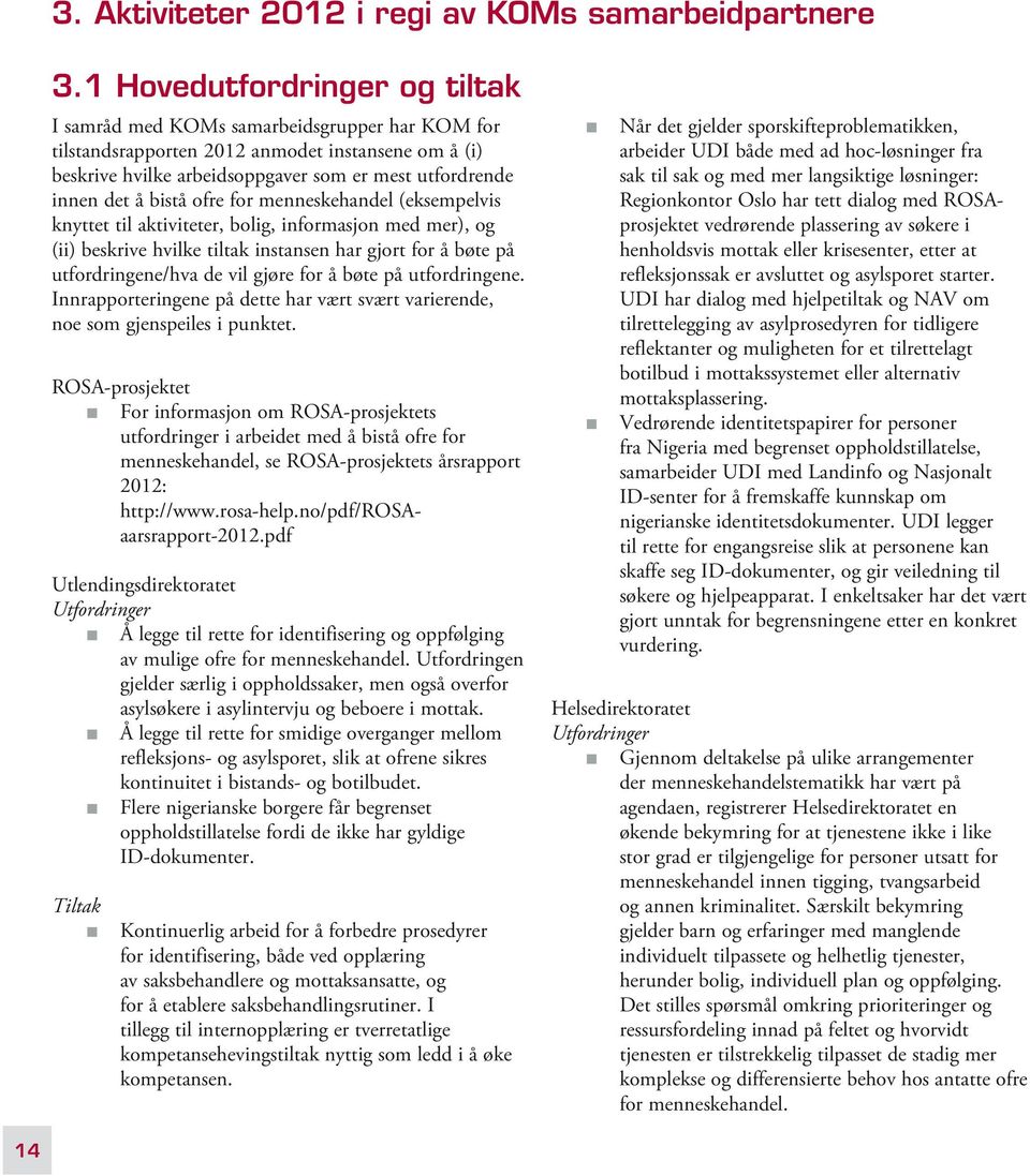 bistå ofre for menneskehandel (eksempelvis knyttet til aktiviteter, bolig, informasjon med mer), og (ii) beskrive hvilke tiltak instansen har gjort for å bøte på utfordringene/hva de vil gjøre for å