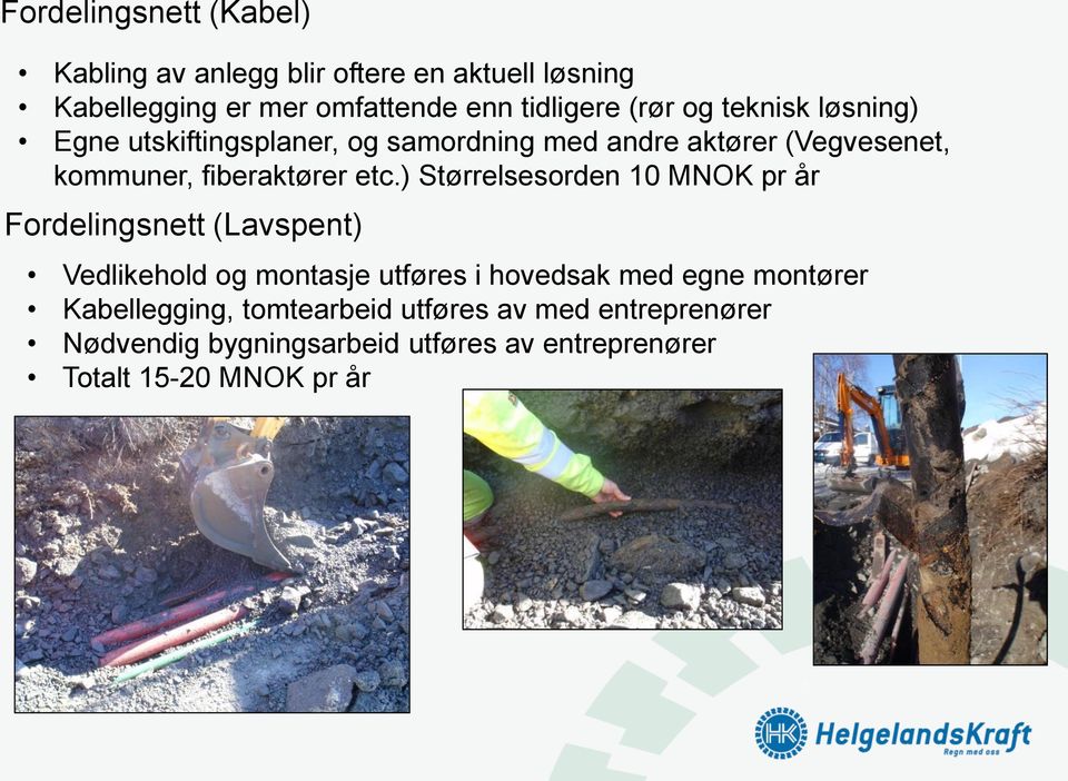 ) Størrelsesorden 10 MNOK pr år Fordelingsnett (Lavspent) Vedlikehold og montasje utføres i hovedsak med egne montører