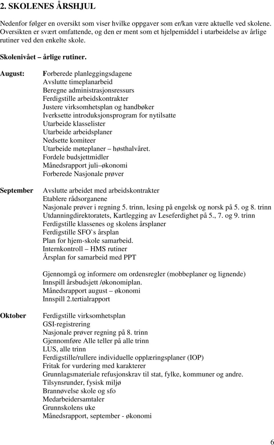 August: September Forberede planleggingsdagene Avslutte timeplanarbeid Beregne administrasjonsressurs Ferdigstille arbeidskontrakter Justere virksomhetsplan og handbøker Iverksette