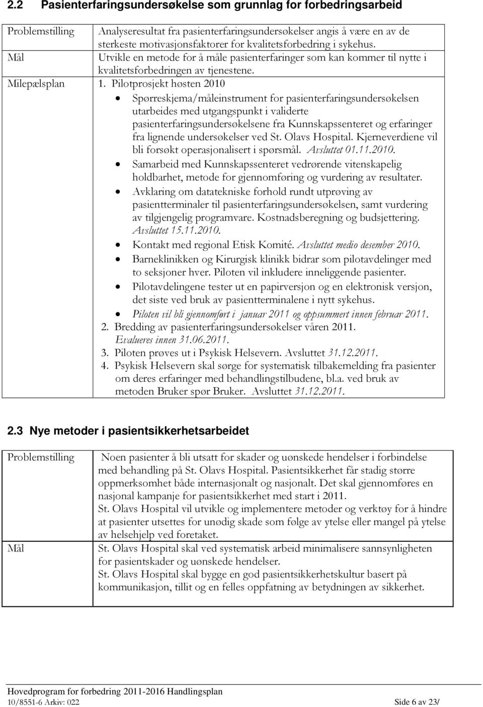 Pilotprosjekt høsten 2010 Spørreskjema/måleinstrument for pasienterfaringsundersøkelsen utarbeides med utgangspunkt i validerte pasienterfaringsundersøkelsene fra Kunnskapssenteret og erfaringer fra