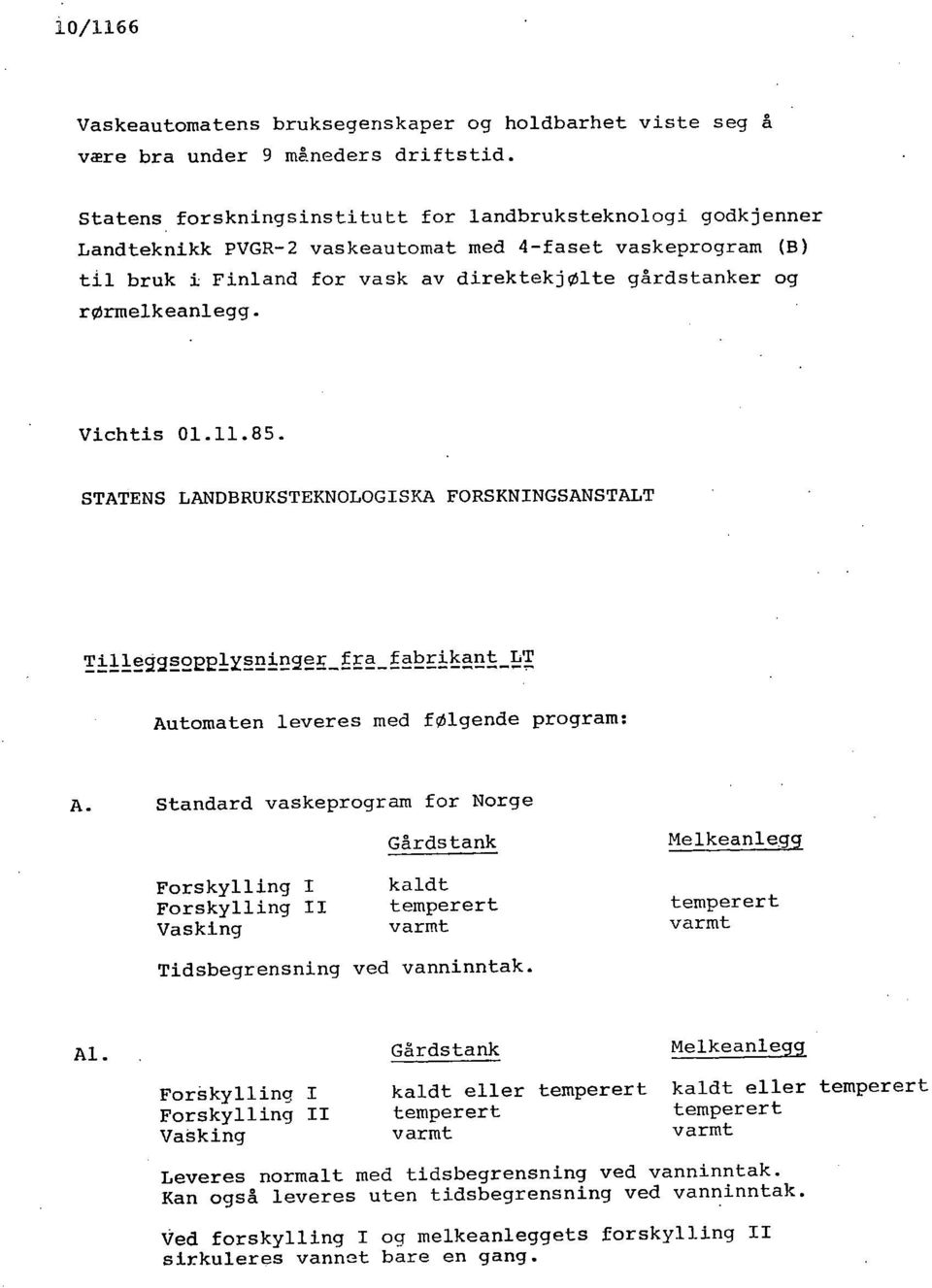 Vichtis 01.11.85. STATENS LANDBRUKSTEKNOLOGISKA FORSKNINGSANSTALT Ti11eg9sopp1ysnin9er fra fabrikant LT Automaten leveres med folgende program: A.