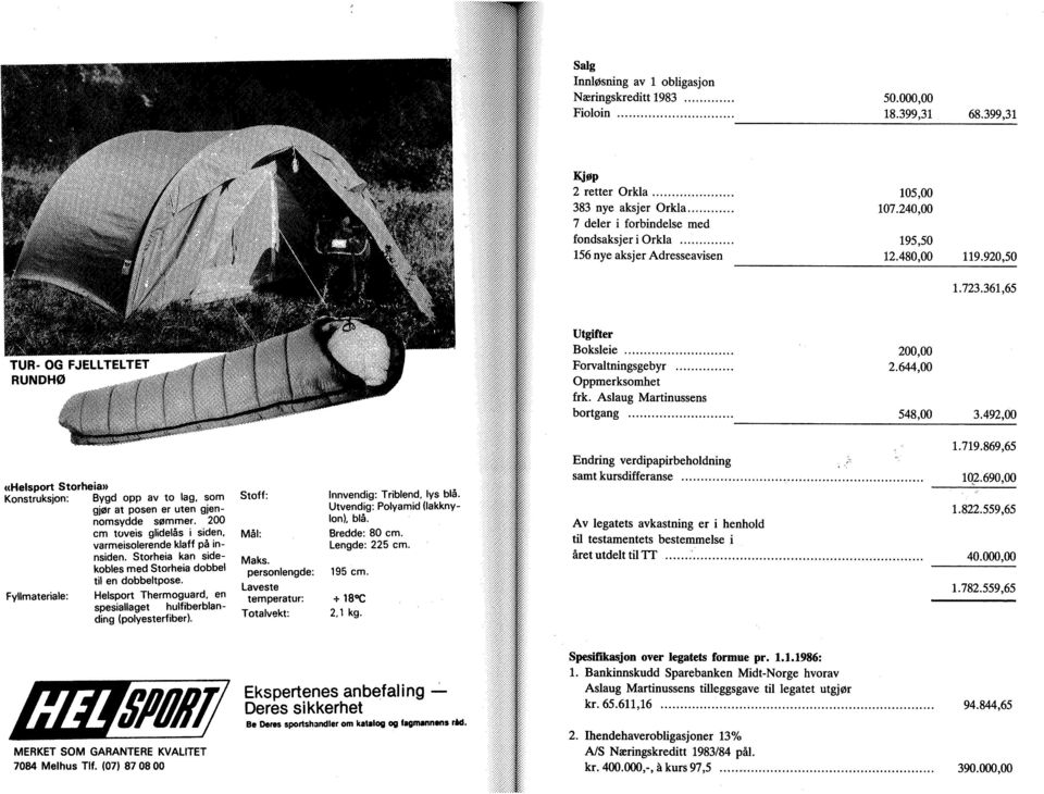 Aslaug Martinussens bortgang 548,00 3.492,00 ira» «Helsport Storheia» Konstruksjon: Bygd opp av to lag, som gjør at posen er uten gjennomsydde sømmer.