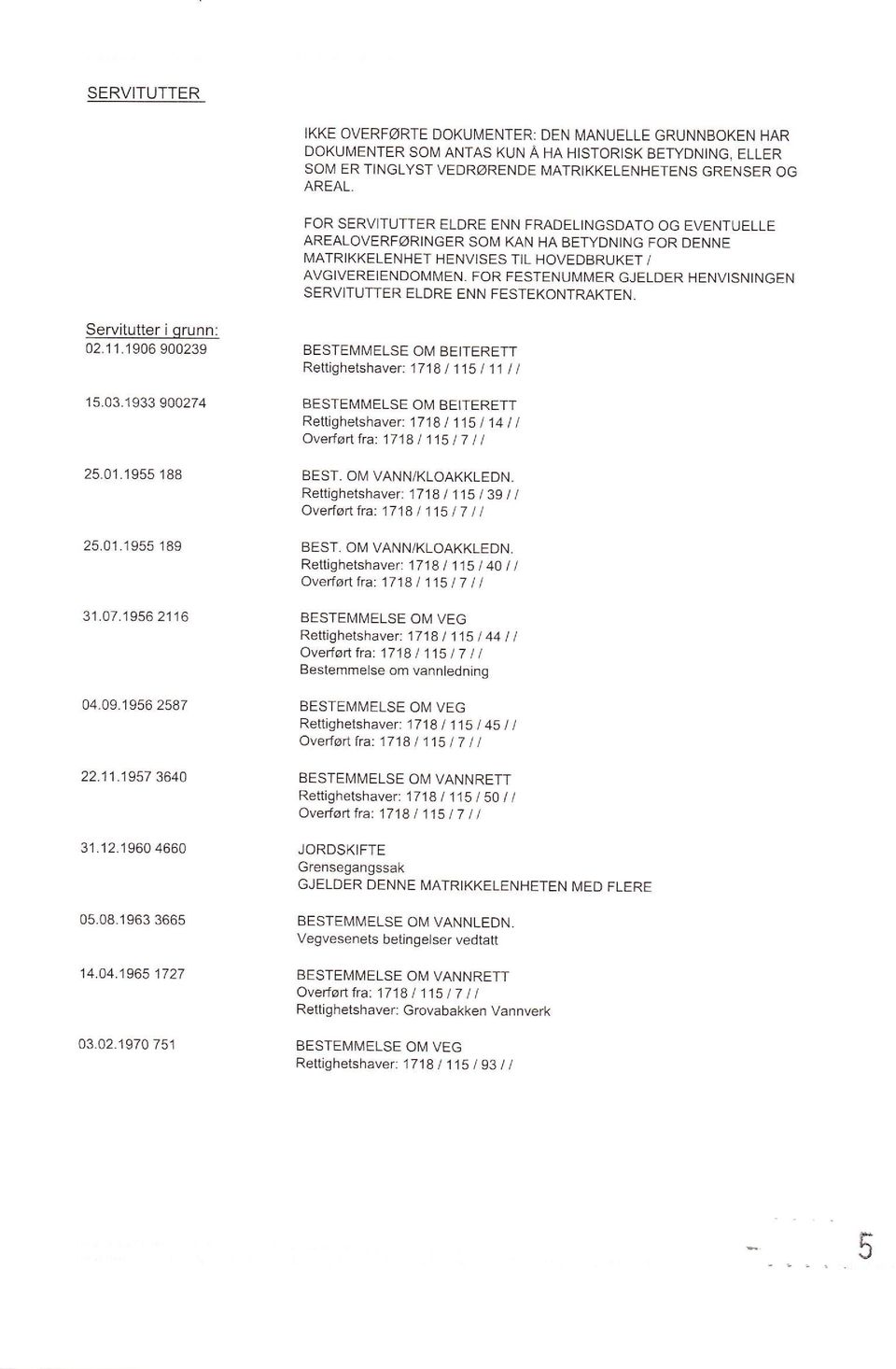 FOR FESTENUMI\,,IER GJELDER HENVISNINGEN SERVITUTTER ELDRE ENN FESTEKONTMKTEN. Servitutter i qrunn: 02.1 1.1906 900239 15.03.1933 900274 25.01.1955 188 25.01.1955 189 31.07.'1956 21'16 04.09.