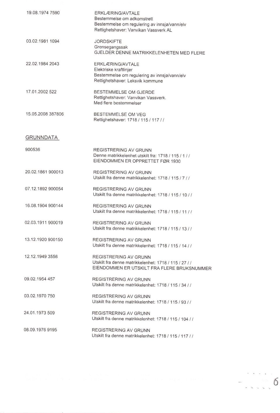 1984 2043 ERKLÆRING/AVTALE Elektriske kraftlinjer Bestemmelse om regulering av innsjø/vann/elv Rettighetshaver: Leksvik kommune 17.01.