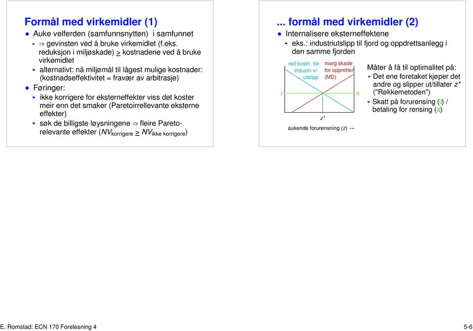 eksterneffekter viss det koster meir enn det smaker (Paretoirrellevante eksterne effekter) søk de billigste løysningene e fleire Paretorelevante effekter (NV korrigere > NV ikke korrigere ).