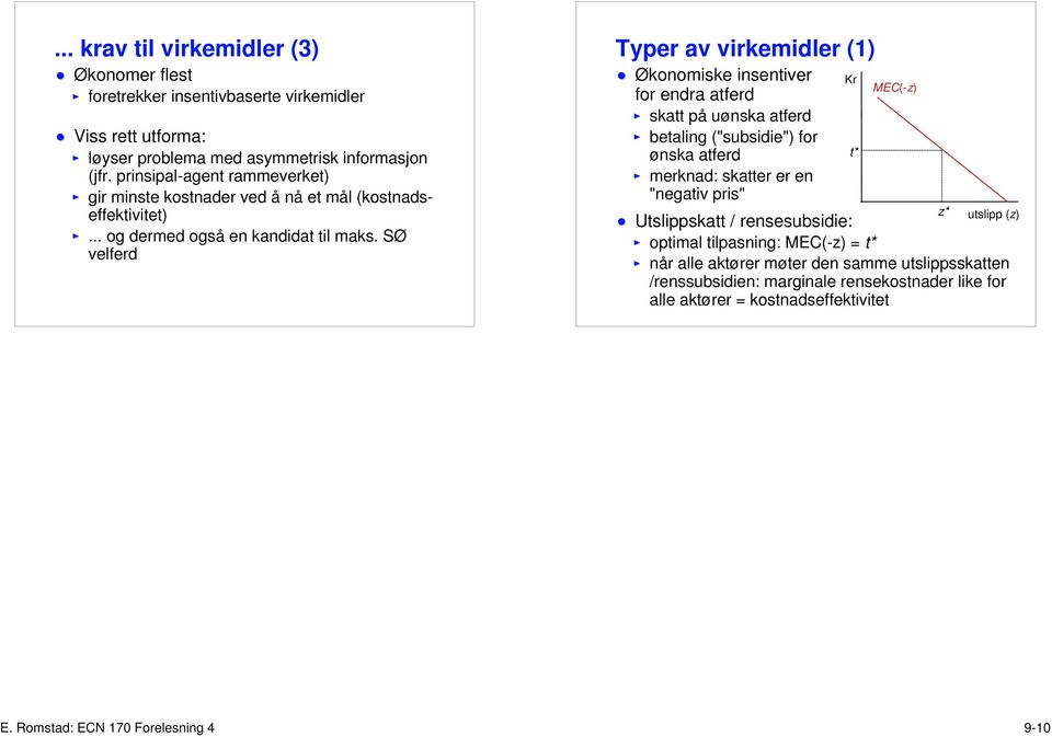 SØ velferd Typer av virkemidler (1) Økonomiske insentiver for endra atferd skatt på uønska atferd betaling ("subsidie") for ønska atferd merknad: skatter er en "negativ pris" Kr t*