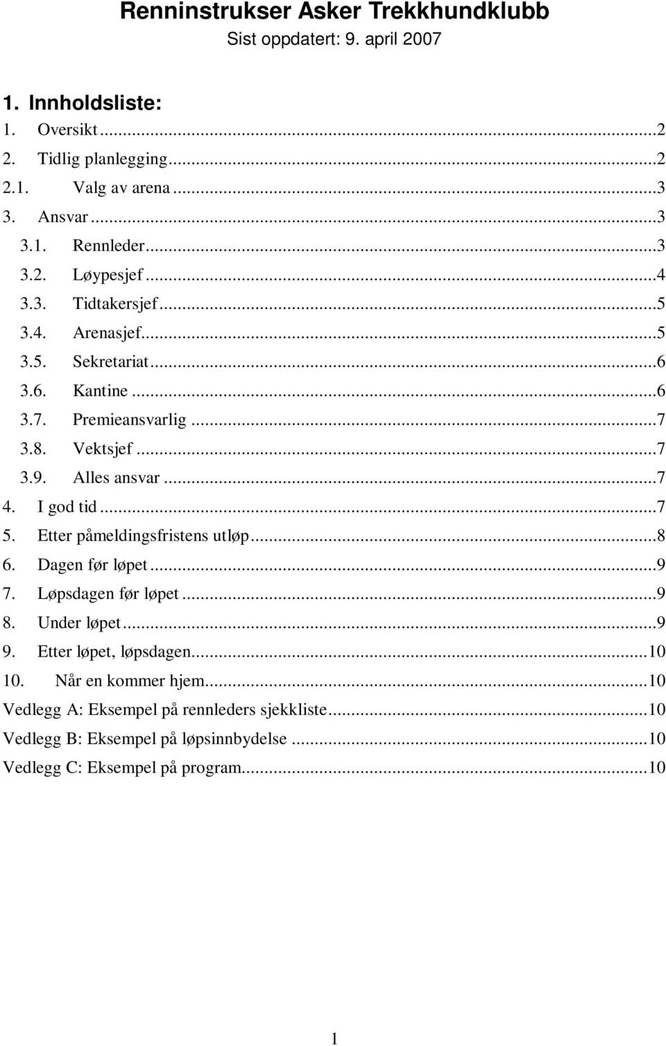 ..7 4. I god tid...7 5. Etter påmeldingsfristens utløp...8 6. Dagen før løpet...9 7. Løpsdagen før løpet...9 8. Under løpet...9 9. Etter løpet, løpsdagen.