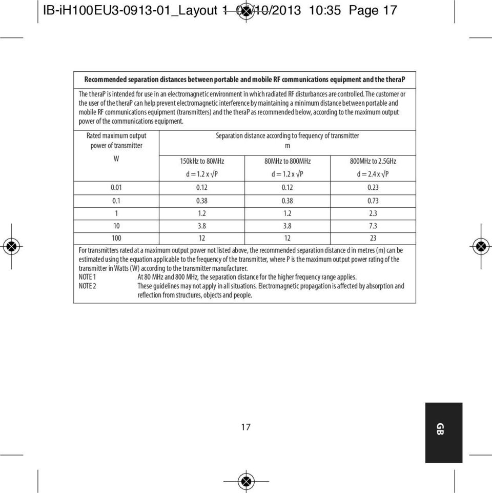 The customer or the user of the therap can help prevent electromagnetic interference by maintaining a minimum distance between portable and mobile RF communications equipment (transmitters) and the